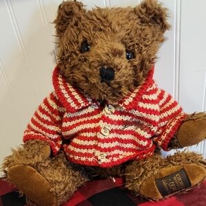 Adorable Brown Stuffed Bear with Red Striped Sweater